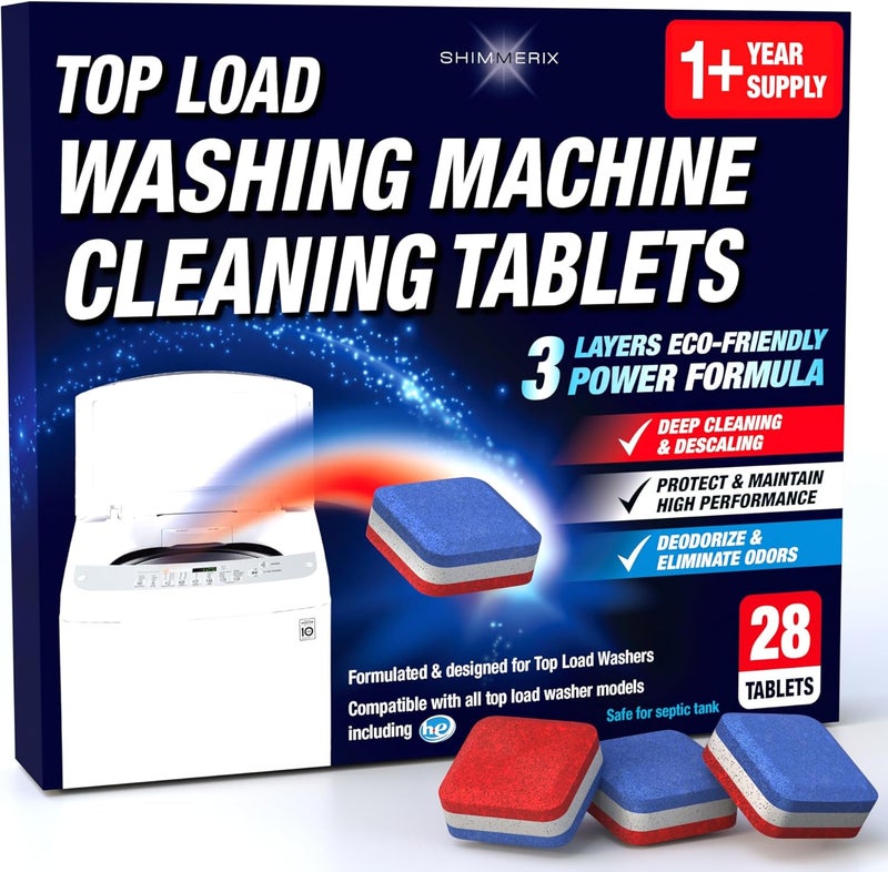 SHIMMERIX Washing Machine Cleaner Tablets 28 Pack for HE Top Load - Eco Friendly Washer Machine Cleaning Tablets - 3 Layers Septic Safe Wash Machine Full Deodorizer Descaler Protector - 1 Plus Year Supply - Image 1